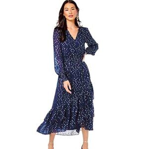 Lilly Pulitzer Blue & Silver Polka Dot Long-Sleeve Midi Dress With Ruffle Hem